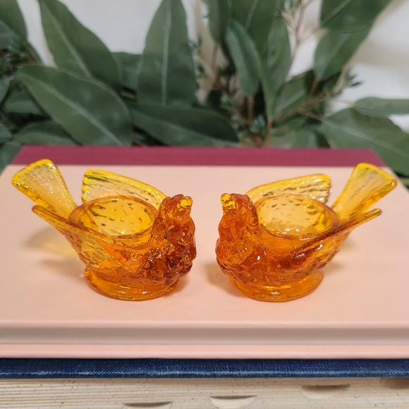 Pair VTG Amber Bird with Ball in Beak Candle Holders or Salt Cellars Bowls